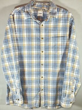 ROWN Long Sleeve Mens Large Plaid Corduroy Button Down Casual Shirt Blue/Tan